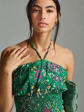 Anthropologie MAEVE Green Floral Smocked Halter Top XS